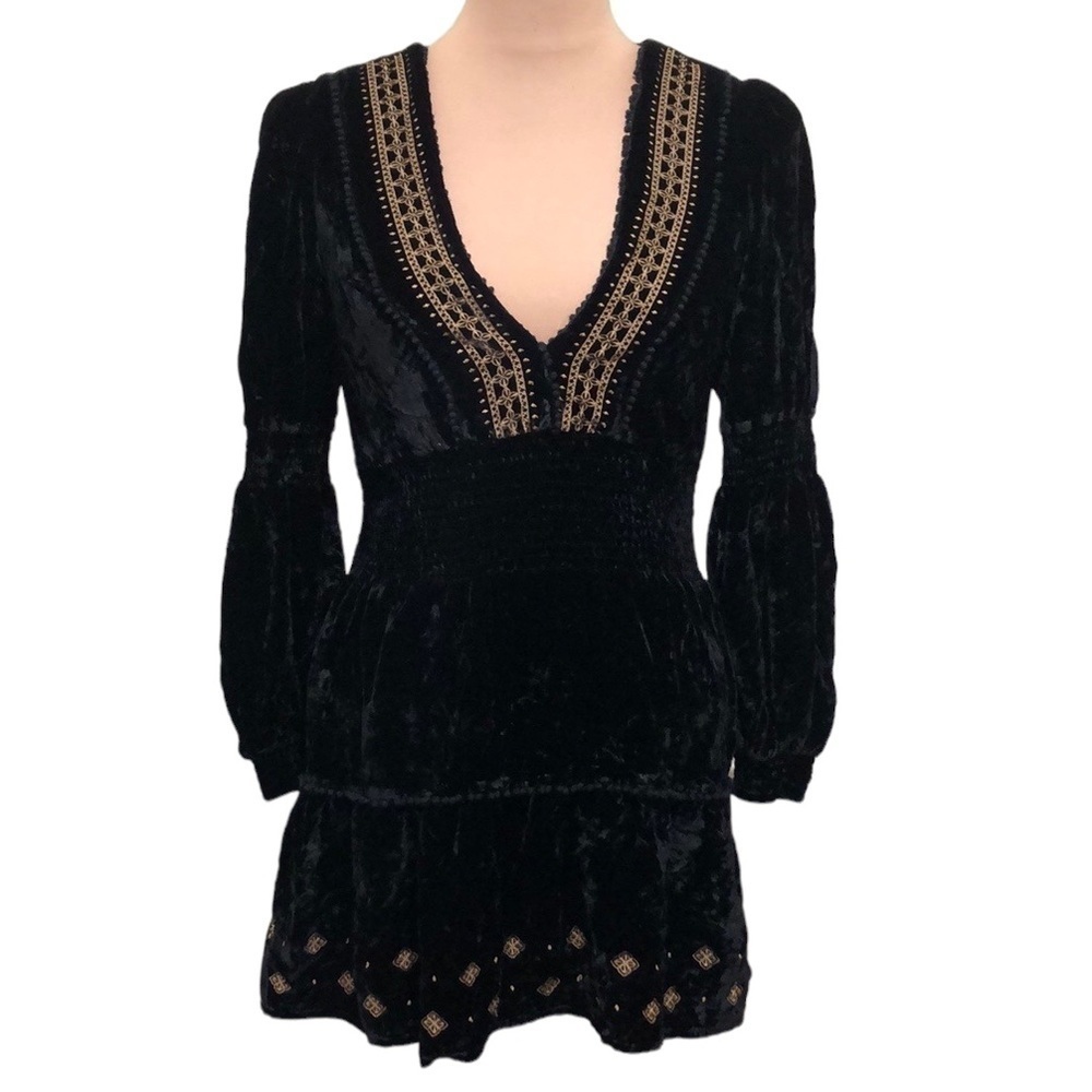 RAHI Smocked Velvet Mini Dress Size XS Black Gold Embroidered Puff Sleeve